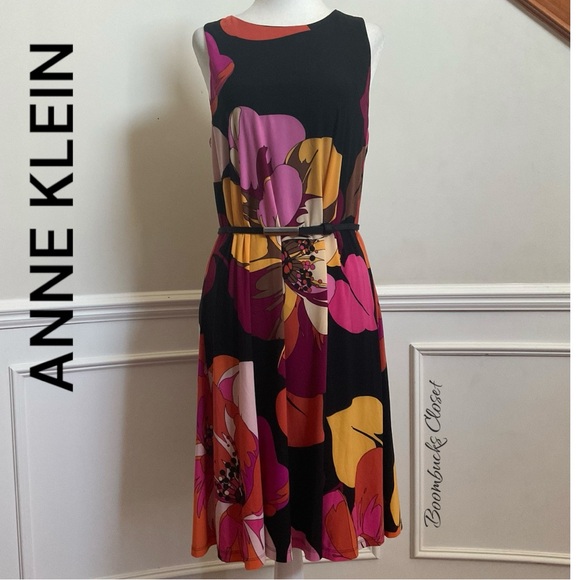 Anne Klein A line dress Multicolor Floral Dress, Psychedelic Pop Color Medium - Picture 1 of 16